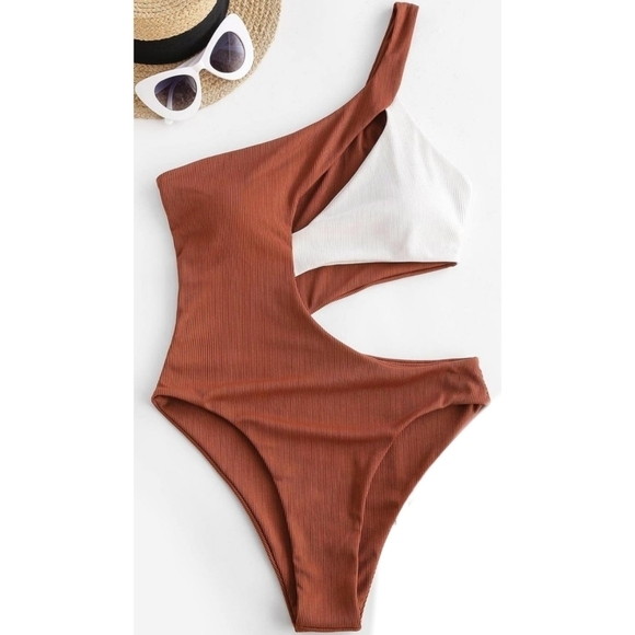 ZAFUL Women's One Shoulder Ribbed Bikini Colorblock Cutout One-Piece Swimsuit - Picture 2 of 7